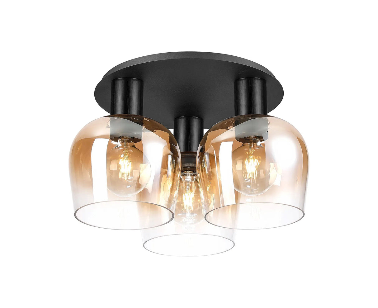 Withe 66cm Round Ceiling Light, 3 x E27, Satin Black/Titanium Gold/Amber Fade Wine Glass