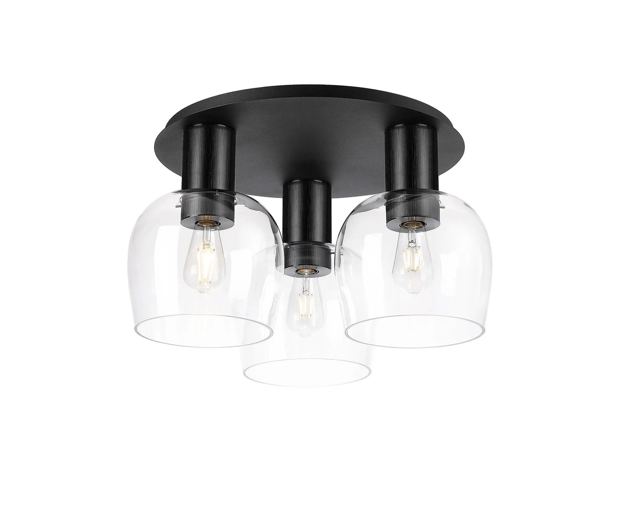Withe 63cm Round Ceiling Light, 3 x E27, Satin Black/Chrome/Clear Wine Glass