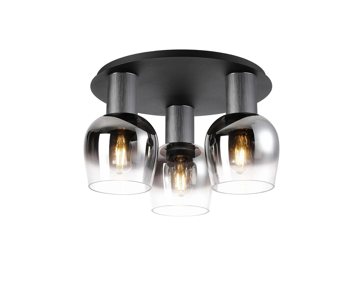 Withe 60cm Round Ceiling Light, 3 x E27, Gun Metal/Satin Black/Satin Black/Smoke Fade Wine Glass