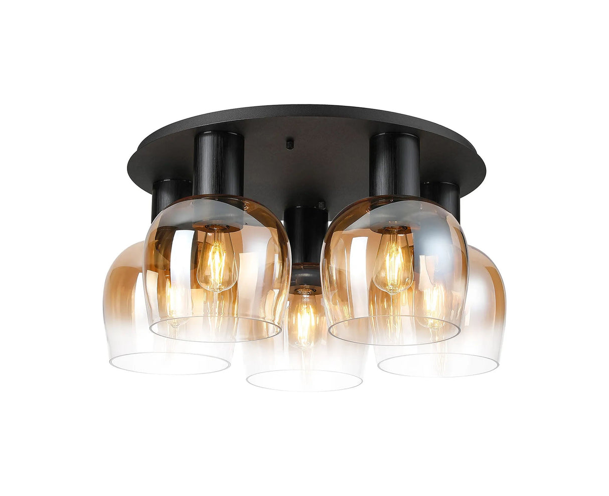 Withe 75cm Round Ceiling Light, 5 x E27, Satin Black/Gun Metal/Amber Fade Wine Glass