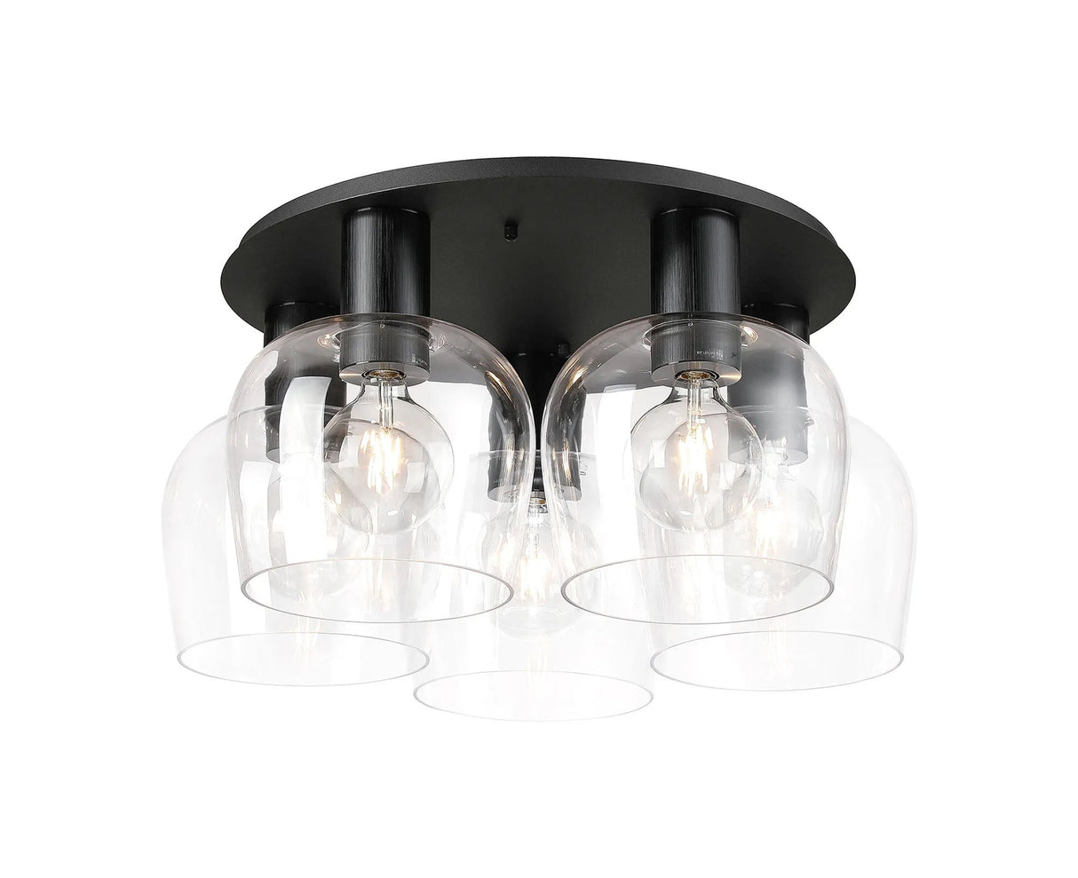 Withe 78cm Round Ceiling Light, 5 x E27, Satin Black/Titanium Gold/Clear Wine Glass