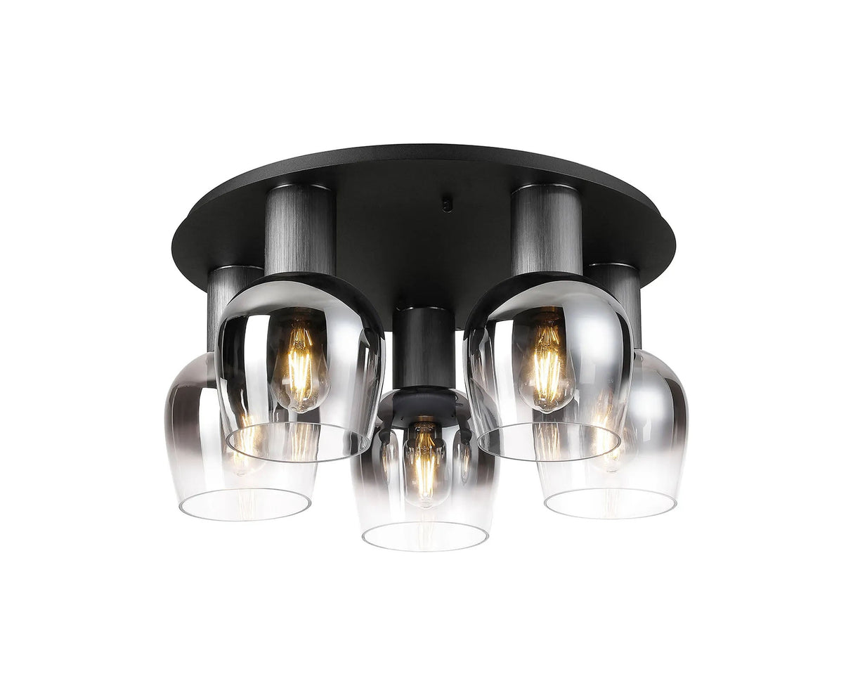 Withe 72cm Round Ceiling Light, 5 x E27, Gun Metal/Satin Black/Chrome/Smoke Fade Wine Glass