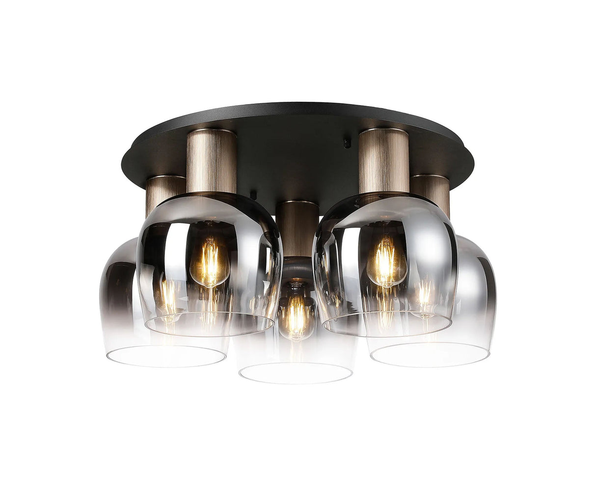 Withe 75cm Round Ceiling Light, 5 x E27, Titanium Gold/Satin Black/Satin Black/Smoke Fade Wine Glass