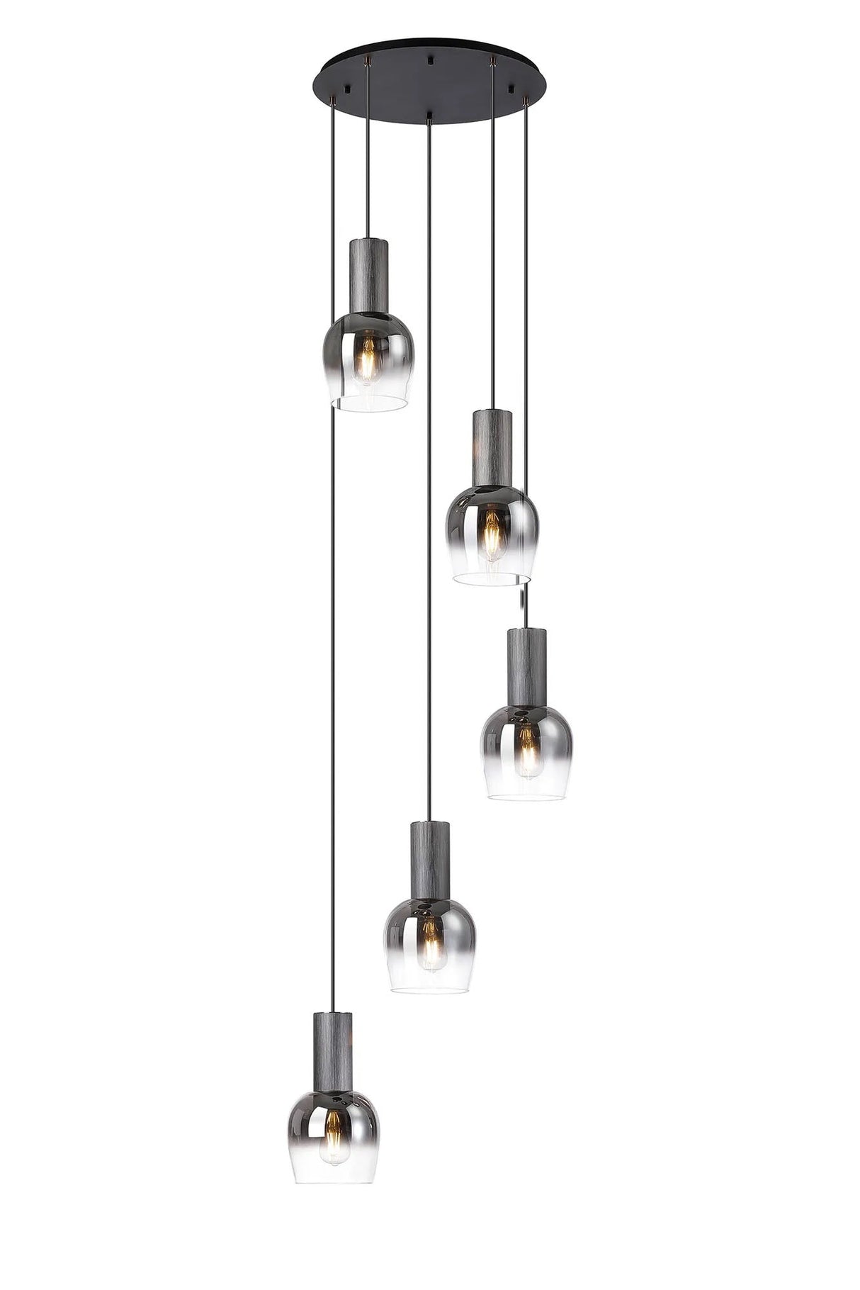 Withe 62cm Round Pendant, 5 x E27, Gun Metal/Satin Black/Smoke Fade Wine Glass