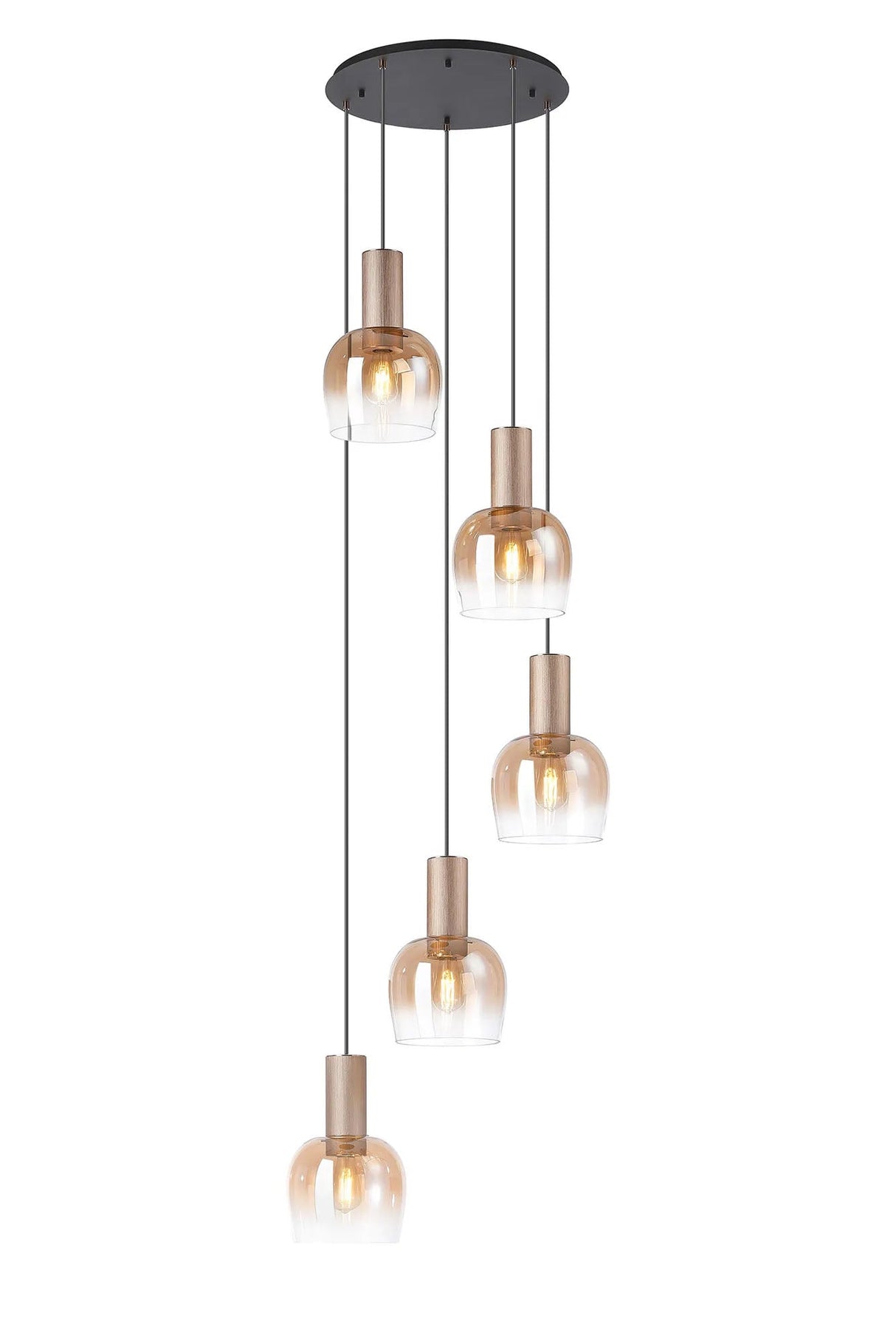 Withe 65cm Round Pendant, 5 x E27, Titanium Gold/Satin Black/Amber Fade Wine Glass