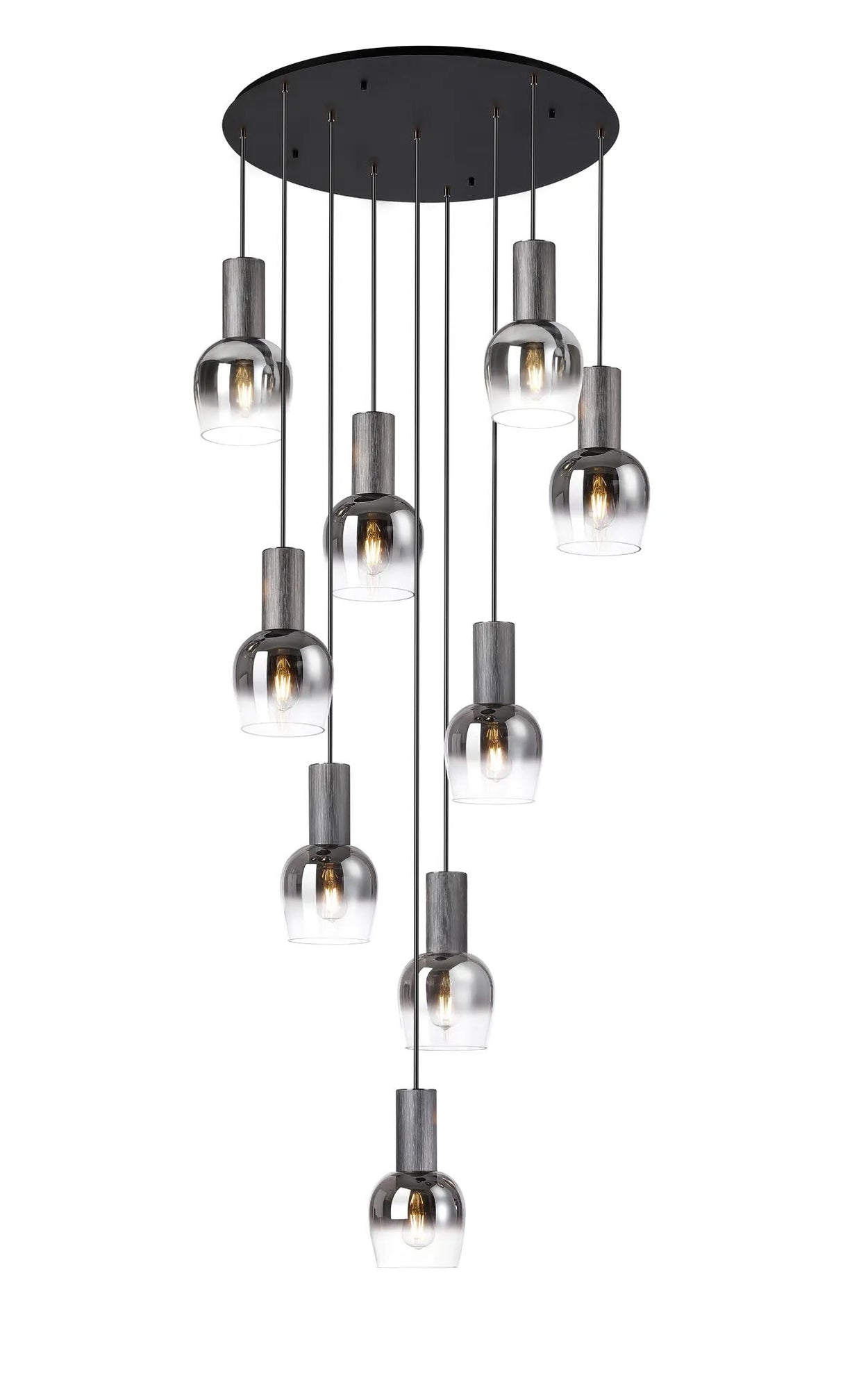 Withe 97cm Round Pendant, 9 x E27, Gun Metal/Satin Black/Smoke Fade Wine Glass