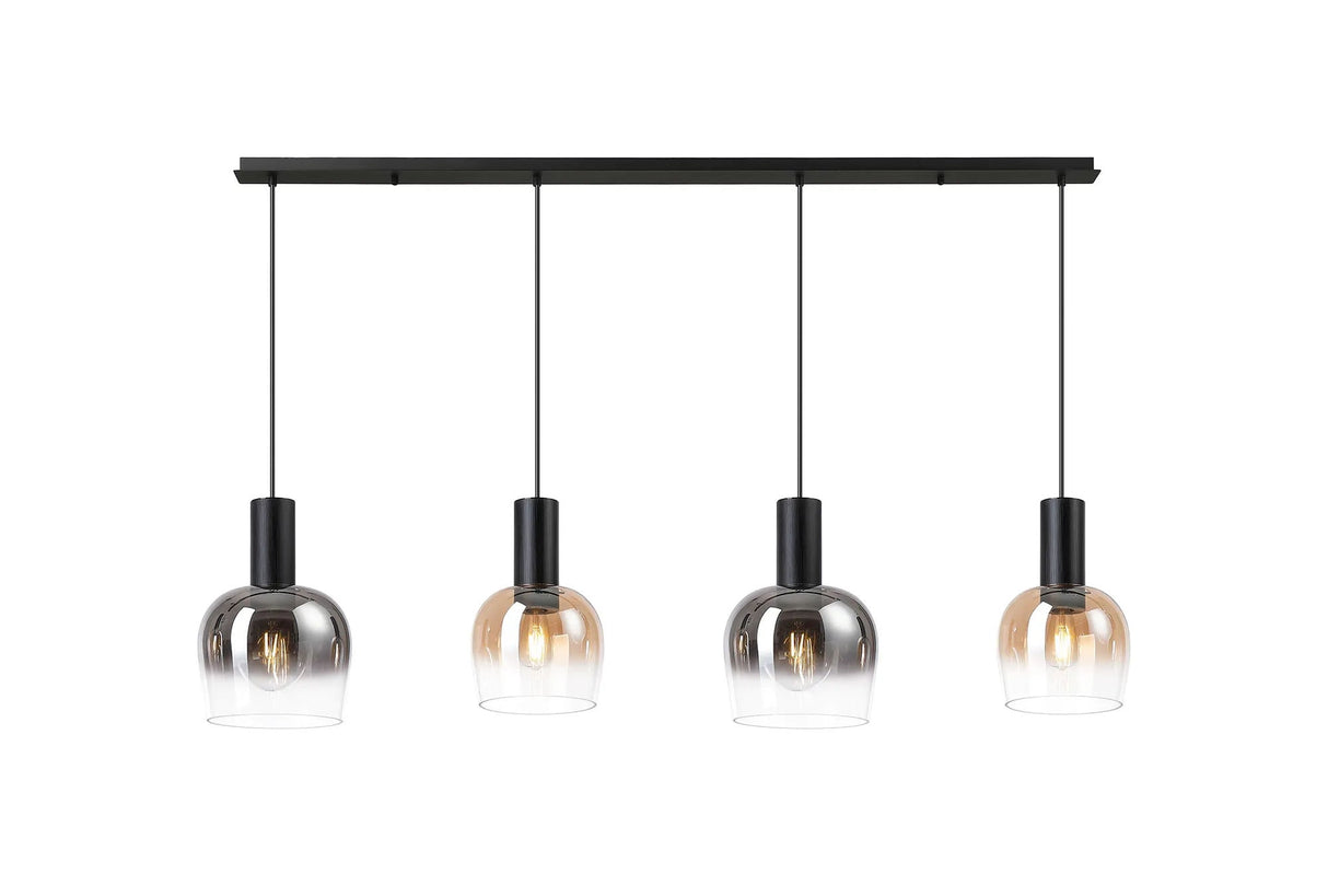 Withe 1.4m Linear Pendant, 4 x E27, Satin Black/Amber Fade/Smoke Fade Wine Glass