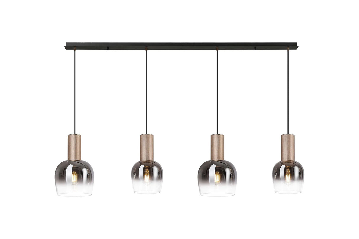 Withe 1.4m Linear Pendant, 4 x E27, Titanium Gold/Satin Black/Smoke Fade Wine Glass