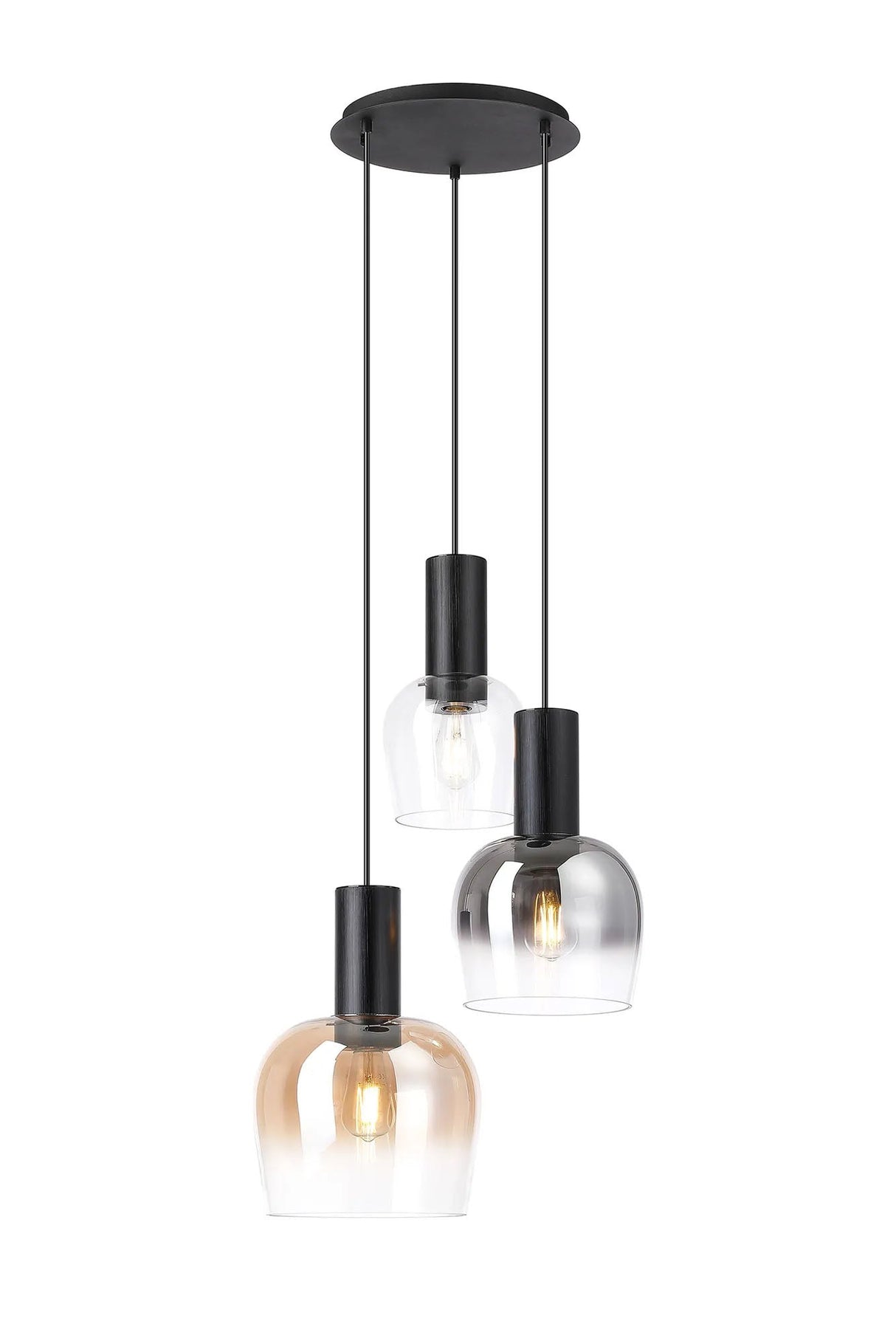 Withe 48cm Round Pendant, 3 x E27, Satin Black/Amber Fade/Smoke Fade/Clear Wine Glass