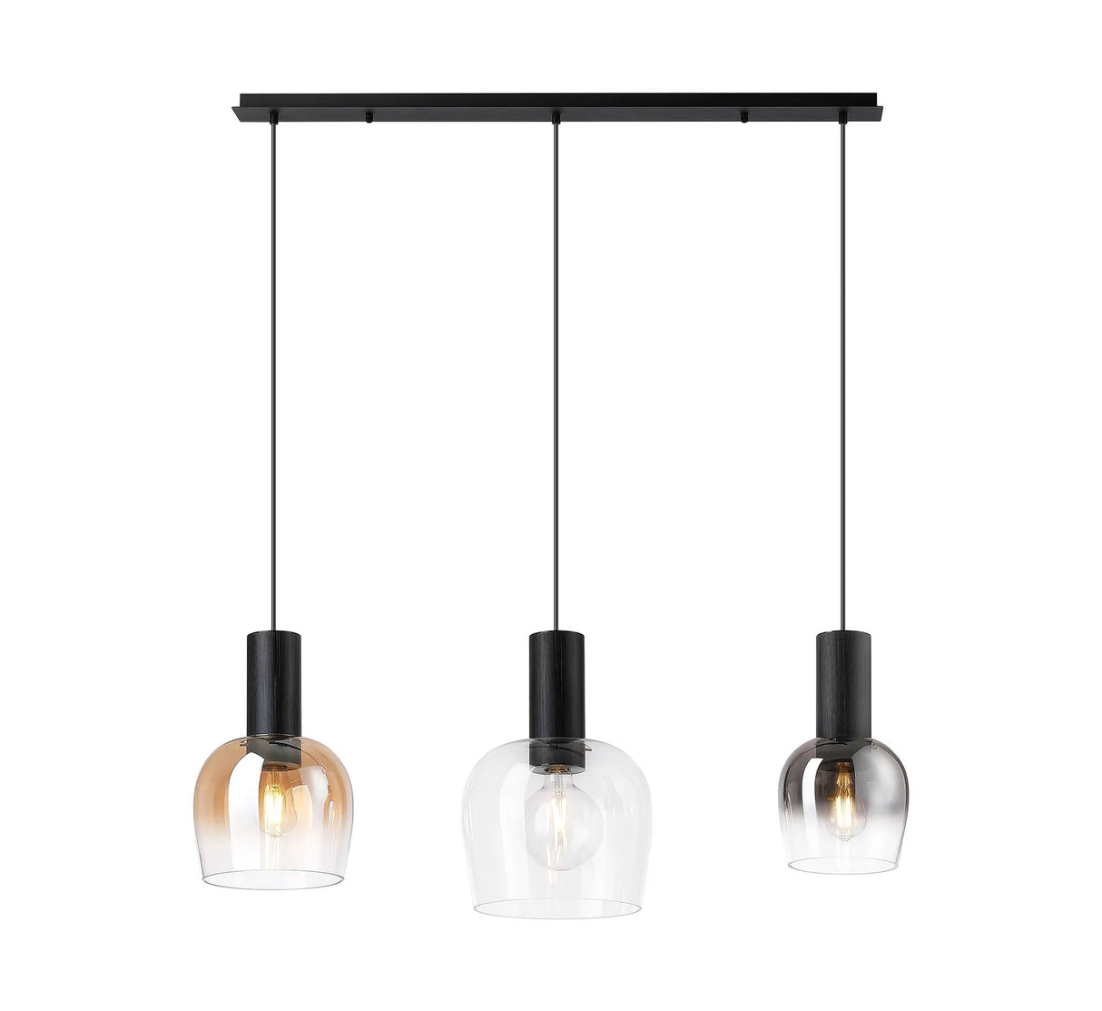 Withe 1m Linear Pendant, 3 x E27, Satin Black/Clear/Amber Fade/Smoke Fade Wine Glass