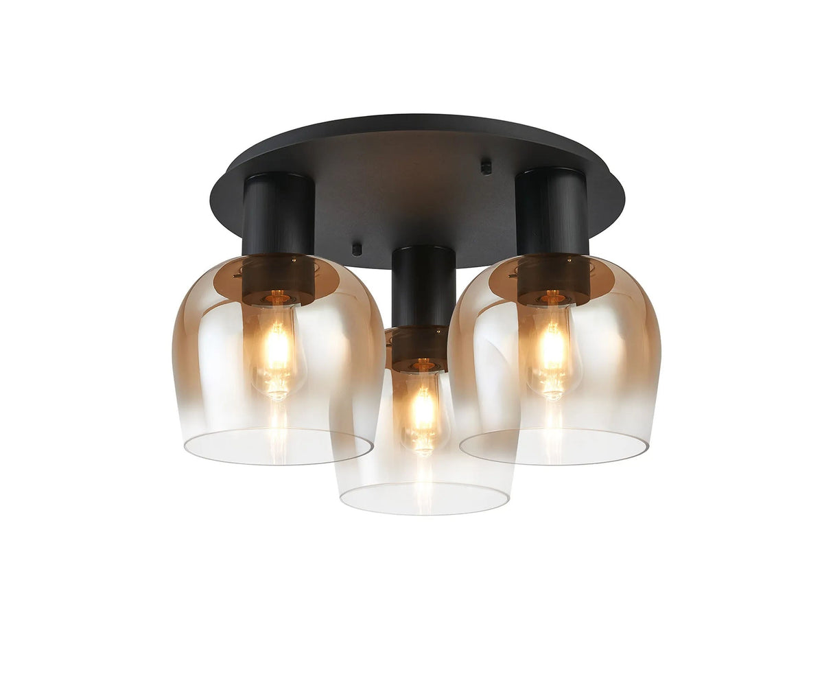 Withe 63.5cm Round Ceiling Light, 3 x E27, Satin Black/Amber Fade Wine Glass