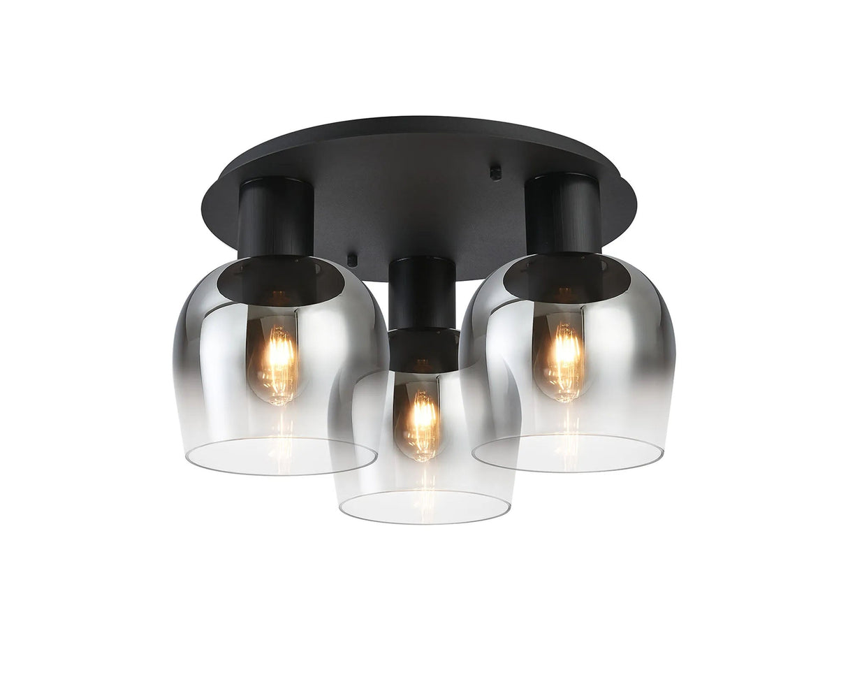 Withe 63.5cm Round Ceiling Light, 3 x E27, Satin Black/Smoke Fade Wine Glass