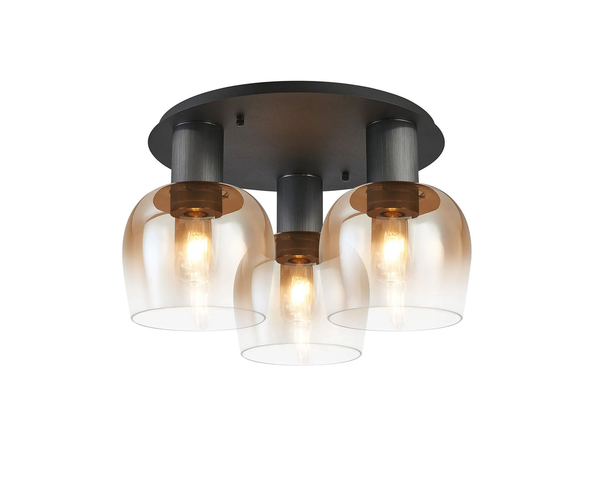 Withe 63.5cm Round Ceiling Light, 3 x E27, Gun Metal/Satin Black/Amber Fade Wine Glass