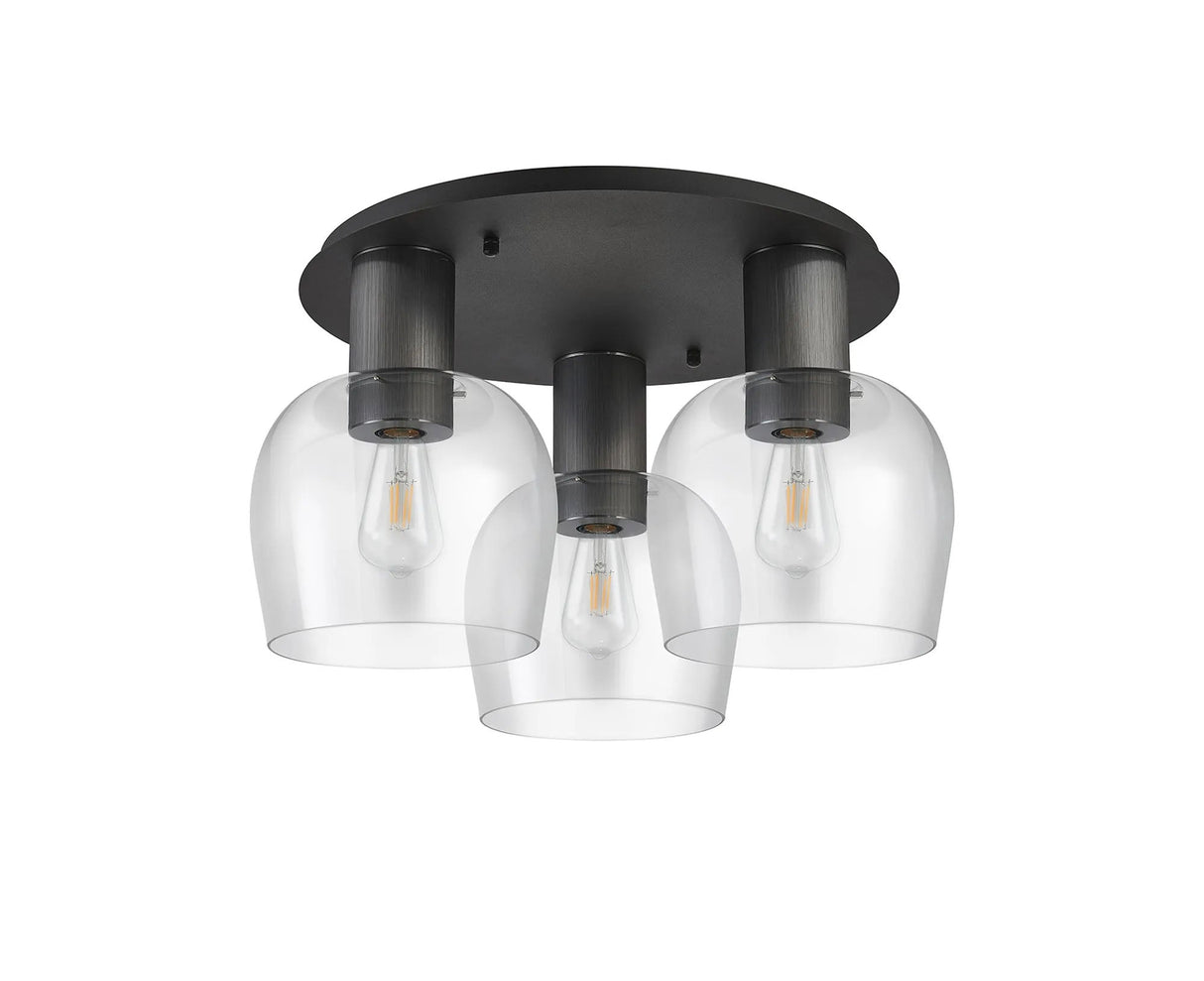 Withe 63.5cm Round Ceiling Light, 3 x E27, Gun Metal/Satin Black/Clear Wine Glass