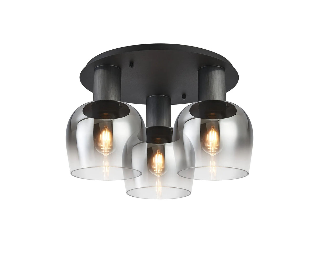 Withe 63.5cm Round Ceiling Light, 3 x E27, Gun Metal/Satin Black/Smoke Fade Wine Glass