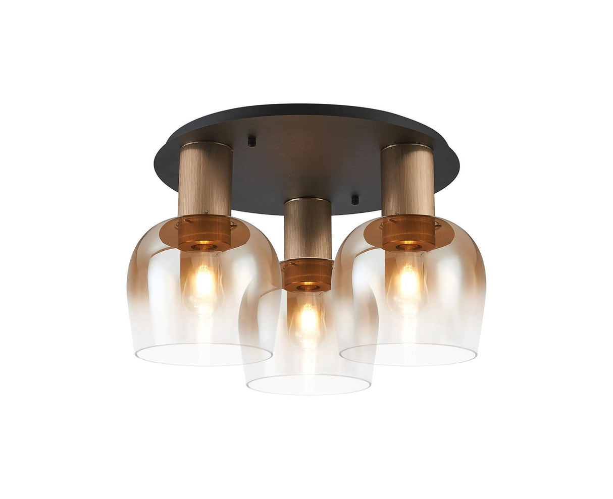 Withe 63.5cm Round Ceiling Light, 3 x E27, Titanium Gold/Satin Black/Amber Fade Wine Glass