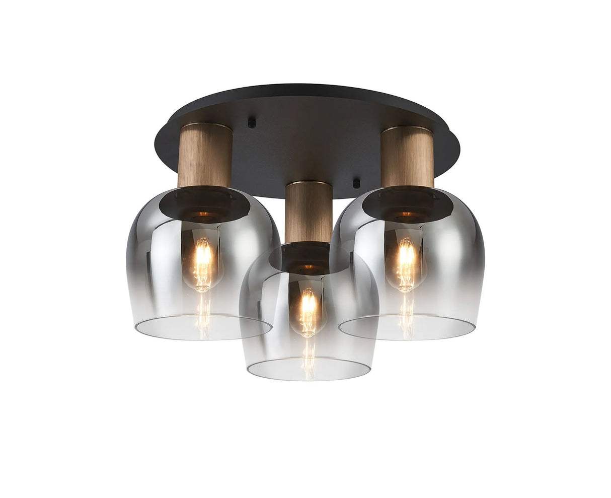 Withe 63.5cm Round Ceiling Light, 3 x E27, Titanium Gold/Satin Black/Smoke Fade Wine Glass