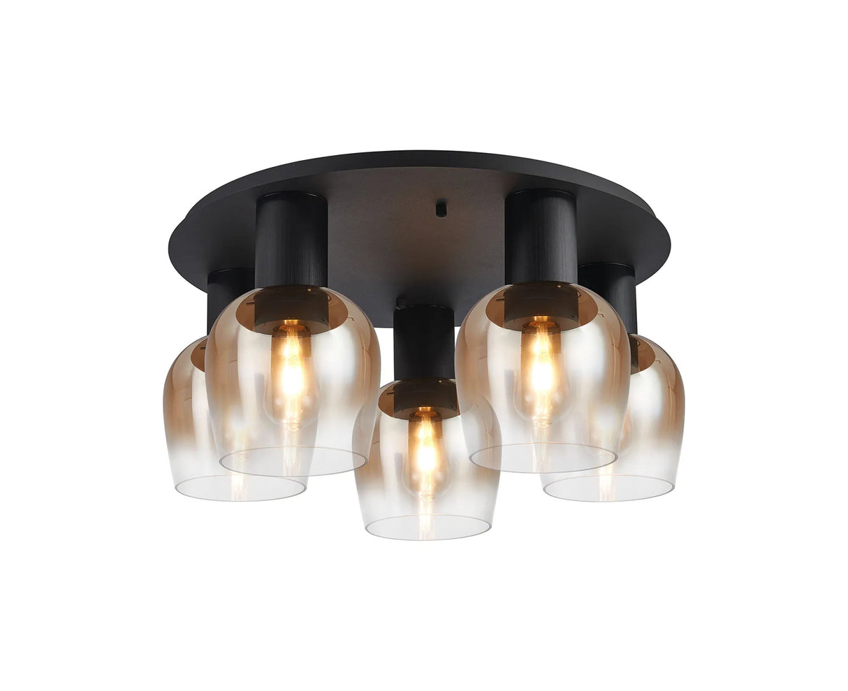 Withe 60cm Round Ceiling Light, 5 x E27, Satin Black/Amber Fade Wine Glass