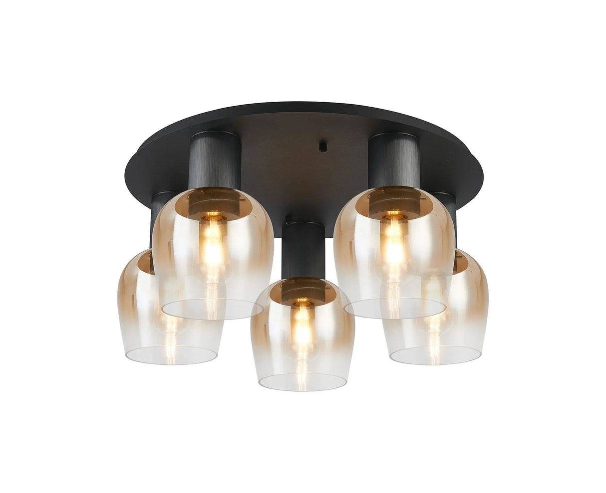Withe 60cm Round Ceiling Light, 5 x E27, Gun Metal/Satin Black/Amber Fade Wine Glass
