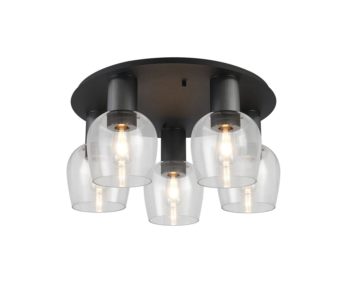 Withe 60cm Round Ceiling Light, 5 x E27, Gun Metal/Satin Black/Clear Wine Glass