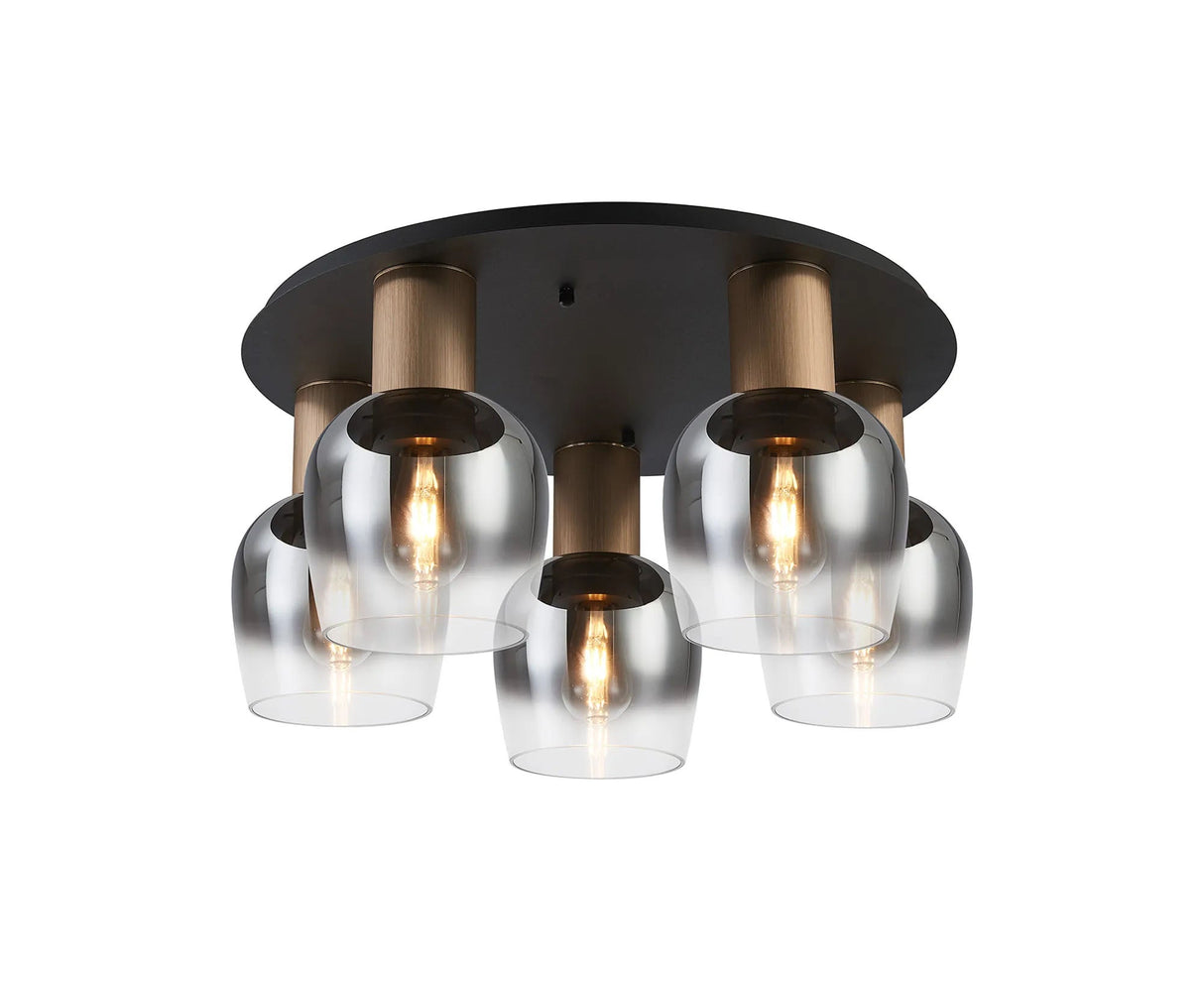 Withe 60cm Round Ceiling Light, 5 x E27, Titanium Gold/Satin Black/Smoke Fade Wine Glass