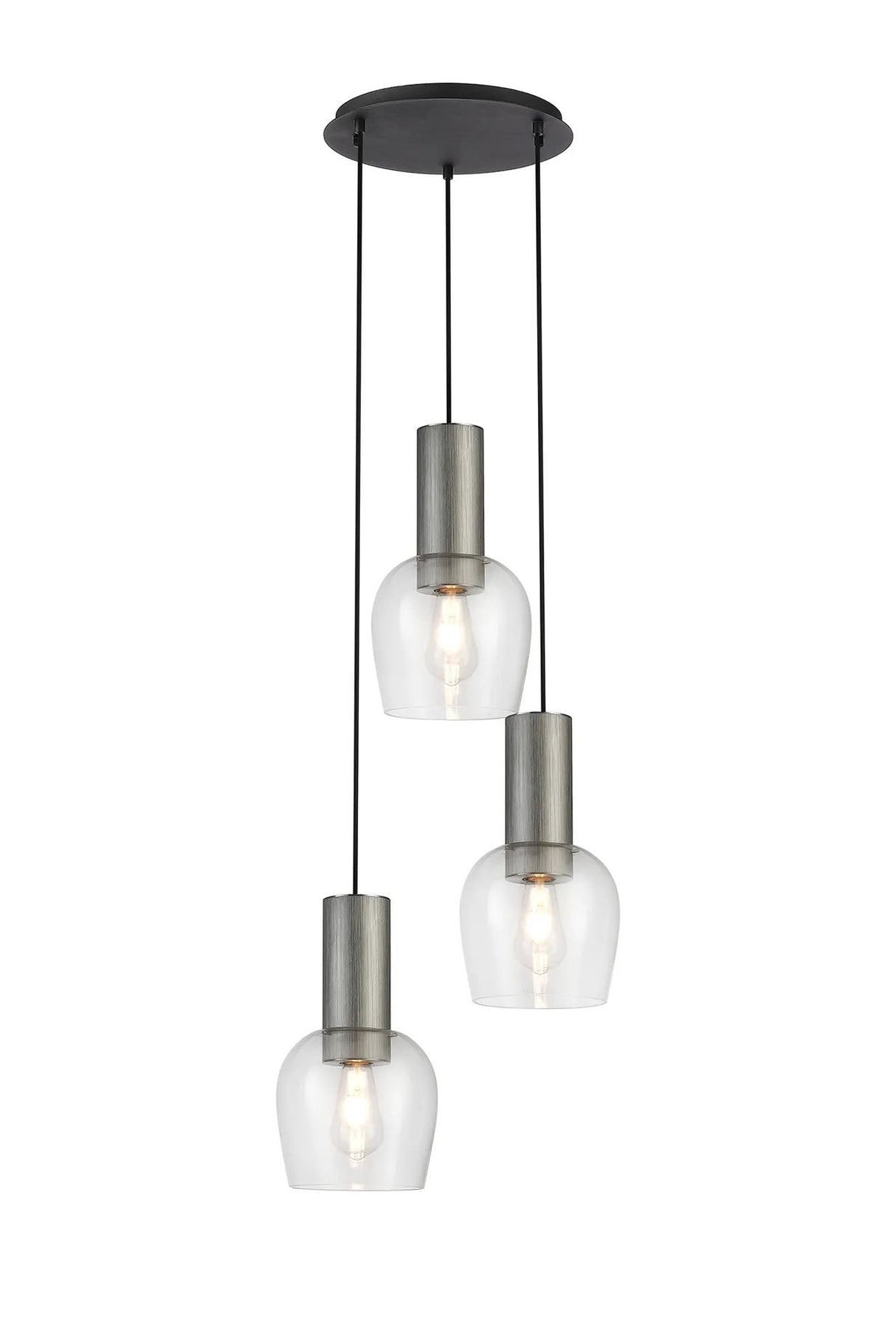 Withe 44.5cm Round Pendant, 3 x E27, Gun Metal/Satin Black/Clear Wine Glass