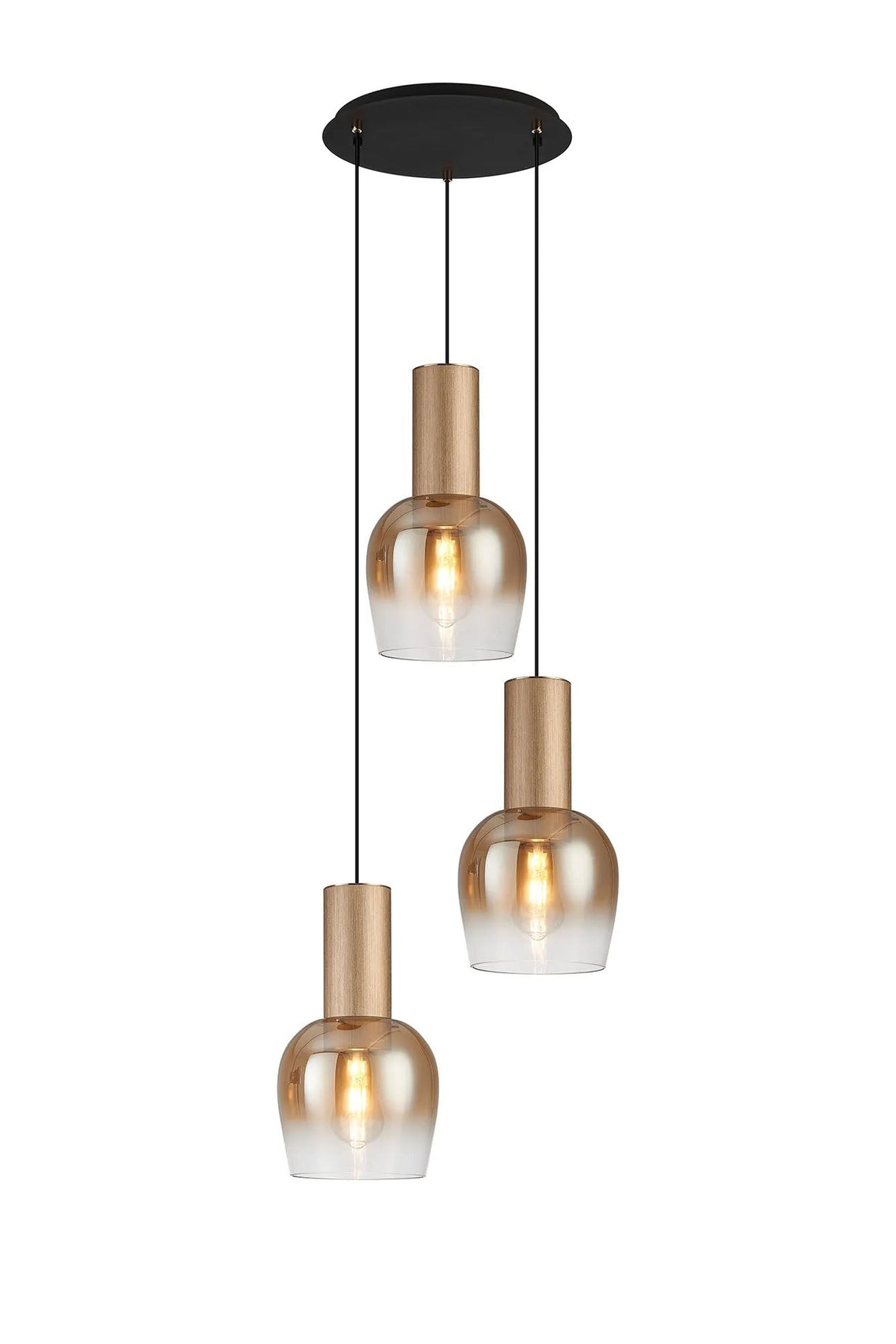 Withe 44.5cm Round Pendant, 3 x E27, Titanium Gold/Satin Black/Amber Fade Wine Glass