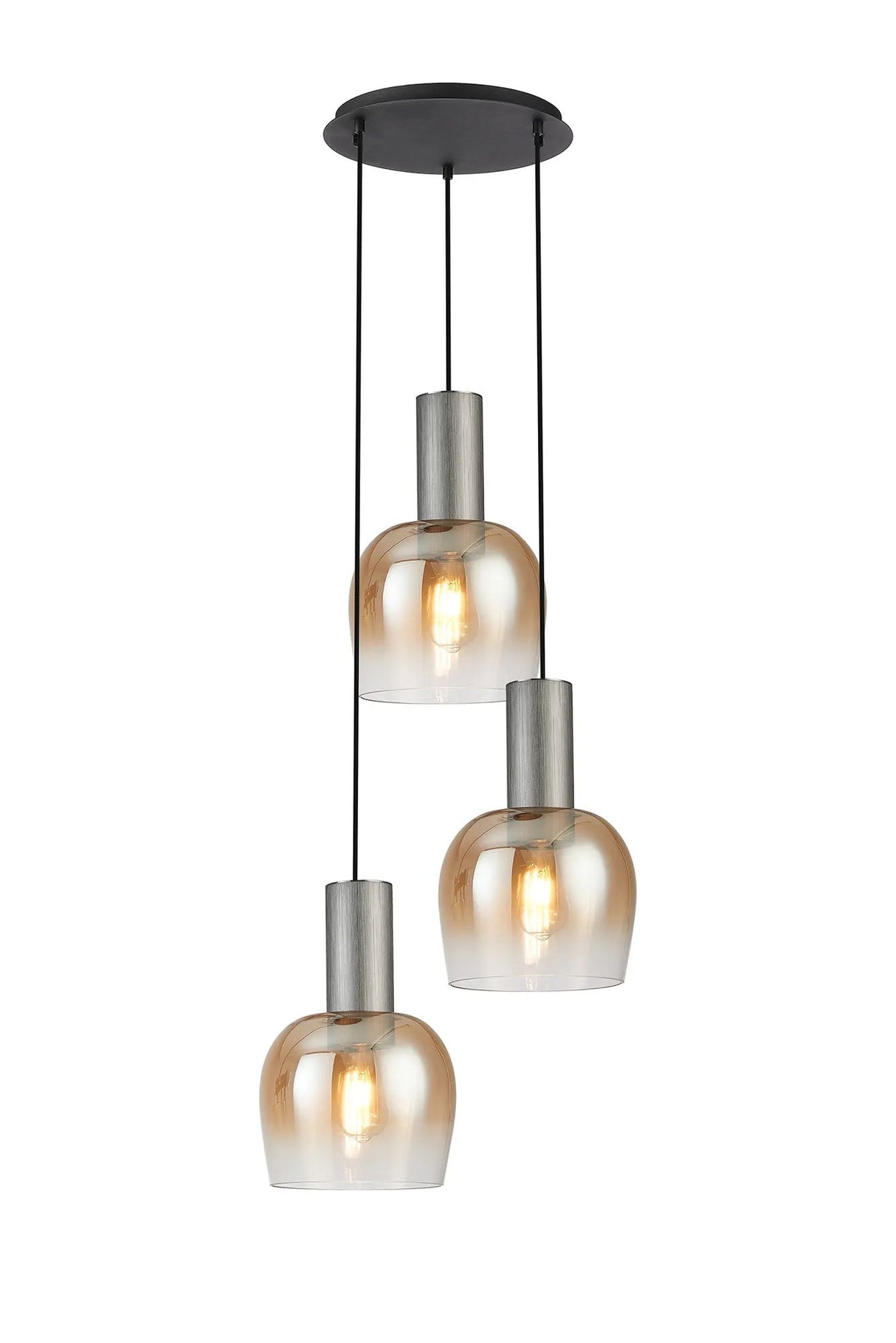 Withe 47.5cm Round Pendant, 3 x E27, Gun Metal/Satin Black/Amber Fade Wine Glass
