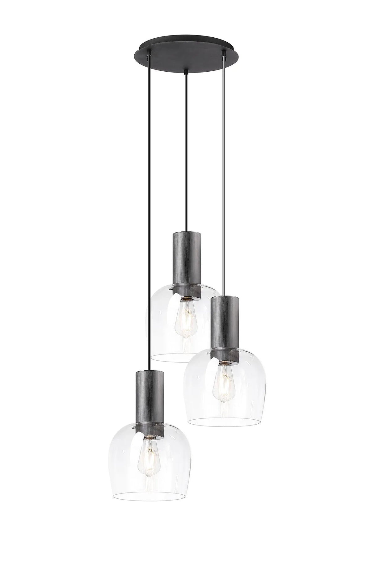 Withe 47.5cm Round Pendant, 3 x E27, Gun Metal/Satin Black/Clear Wine Glass