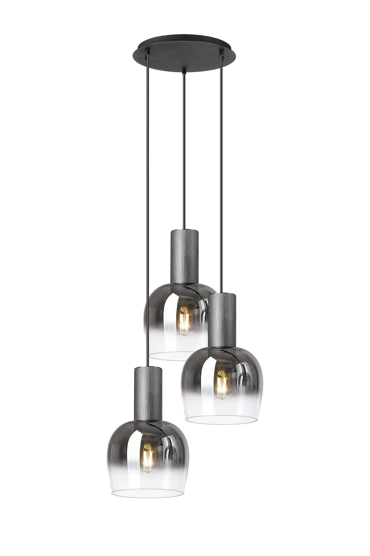 Withe 47.5cm Round Pendant, 3 x E27, Gun Metal/Satin Black/Smoke Fade Wine Glass