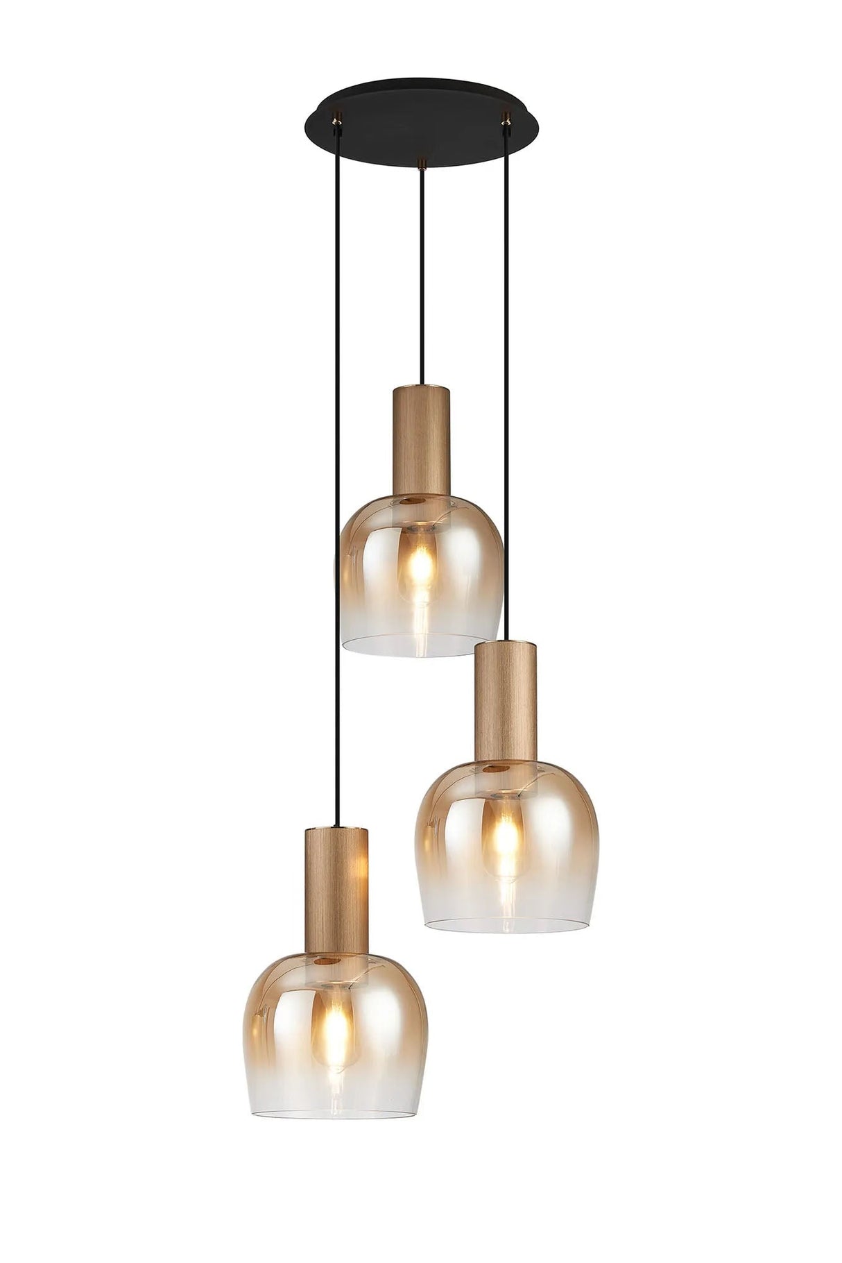 Withe 47.5cm Round Pendant, 3 x E27, Titanium Gold/Satin Black/Amber Fade Wine Glass