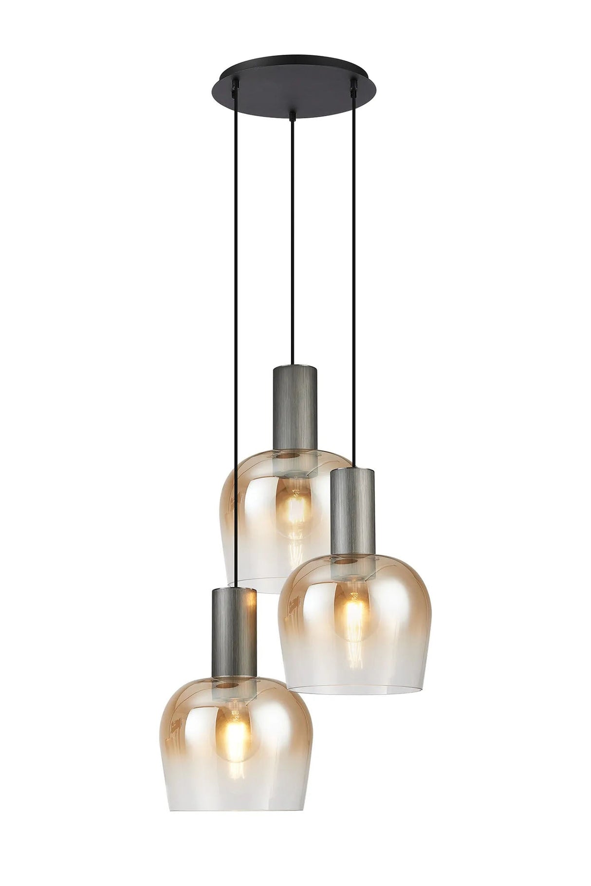 Withe 50cm Round Pendant, 3 x E27, Gun Metal/Satin Black/Amber Fade Wine Glass