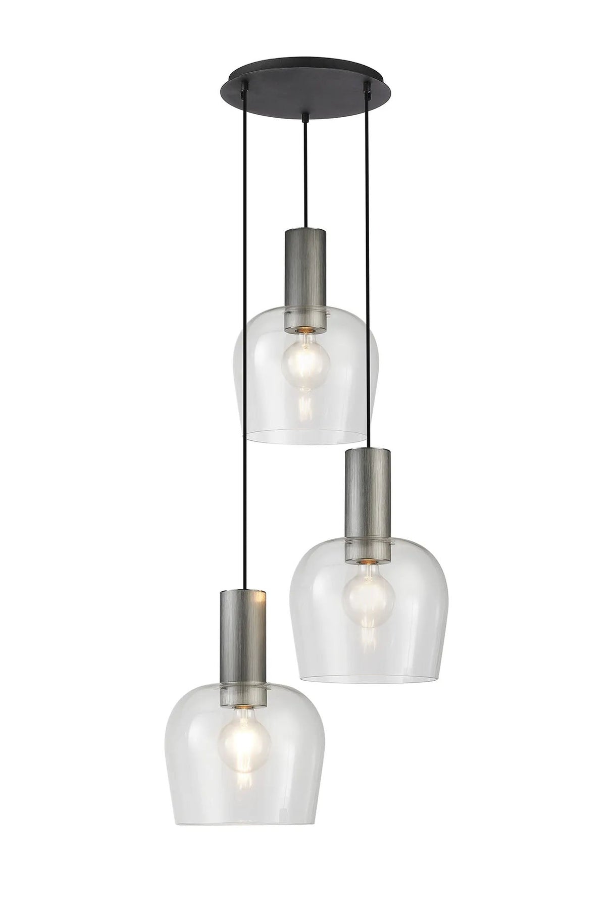 Withe 50cm Round Pendant, 3 x E27, Gun Metal/Satin Black/Clear Wine Glass