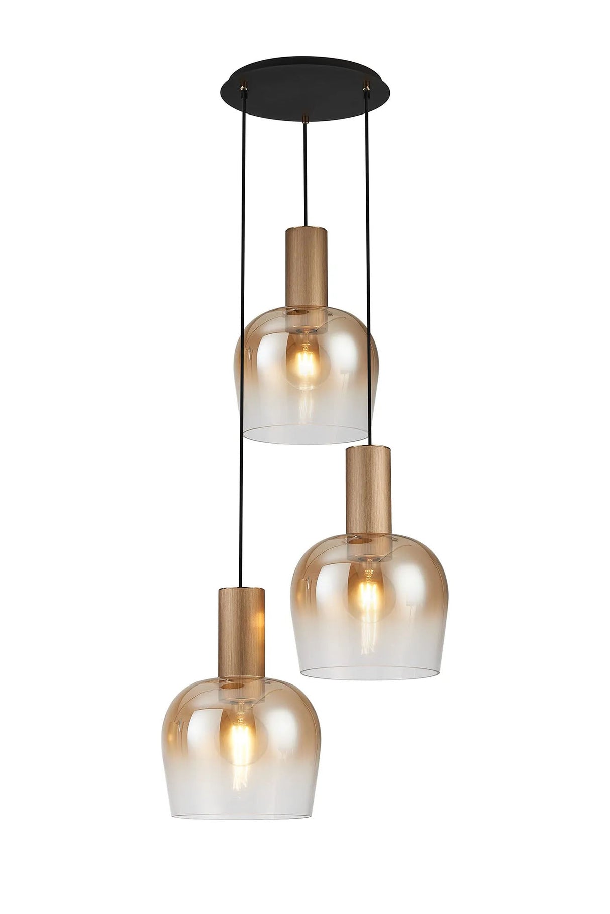 Withe 50cm Round Pendant, 3 x E27, Titanium Gold/Satin Black/Amber Fade Wine Glass