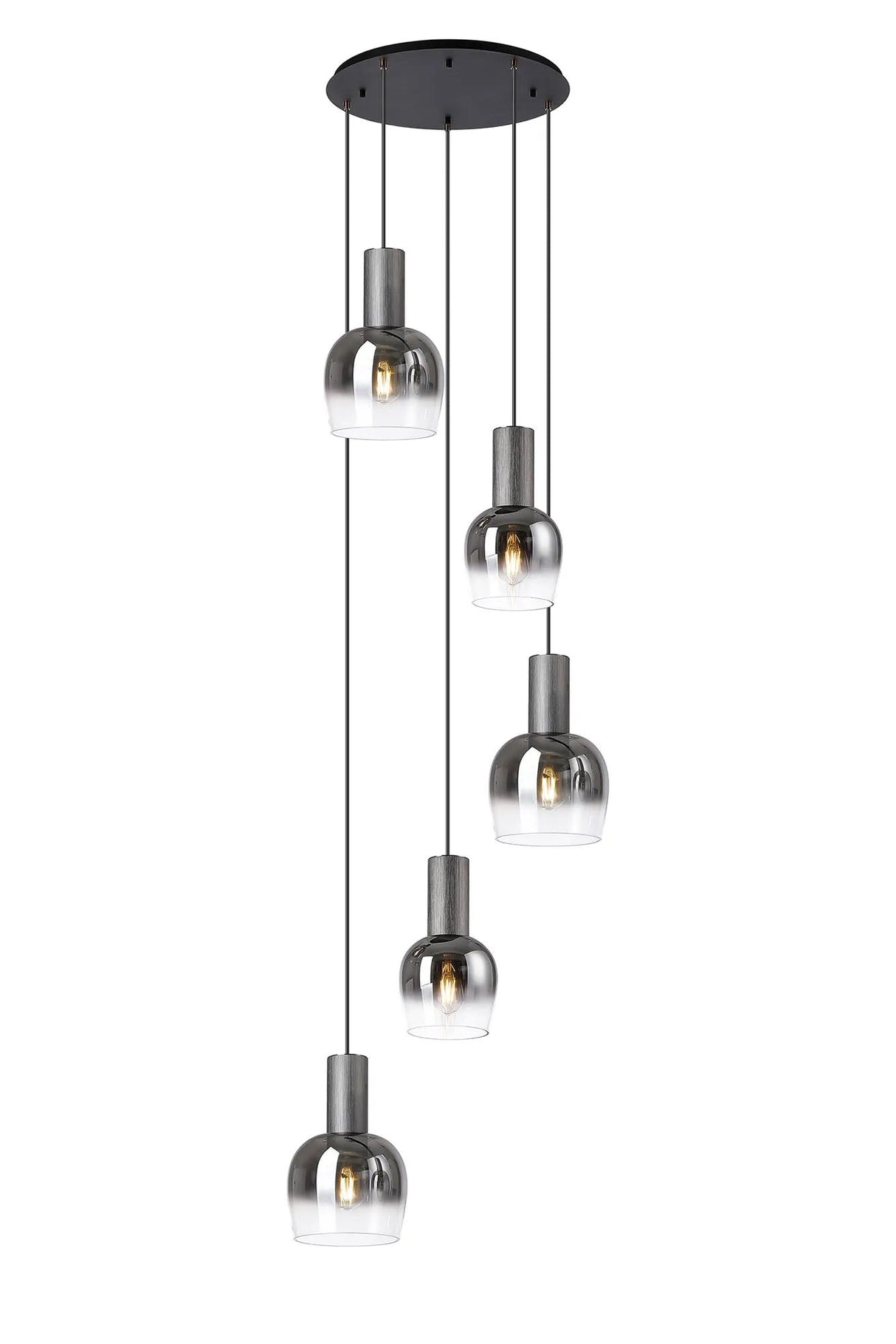 Withe 62.5cm Round Pendant, 5 x E27, Gun Metal/Satin Black/Smoke Fade Wine Glass