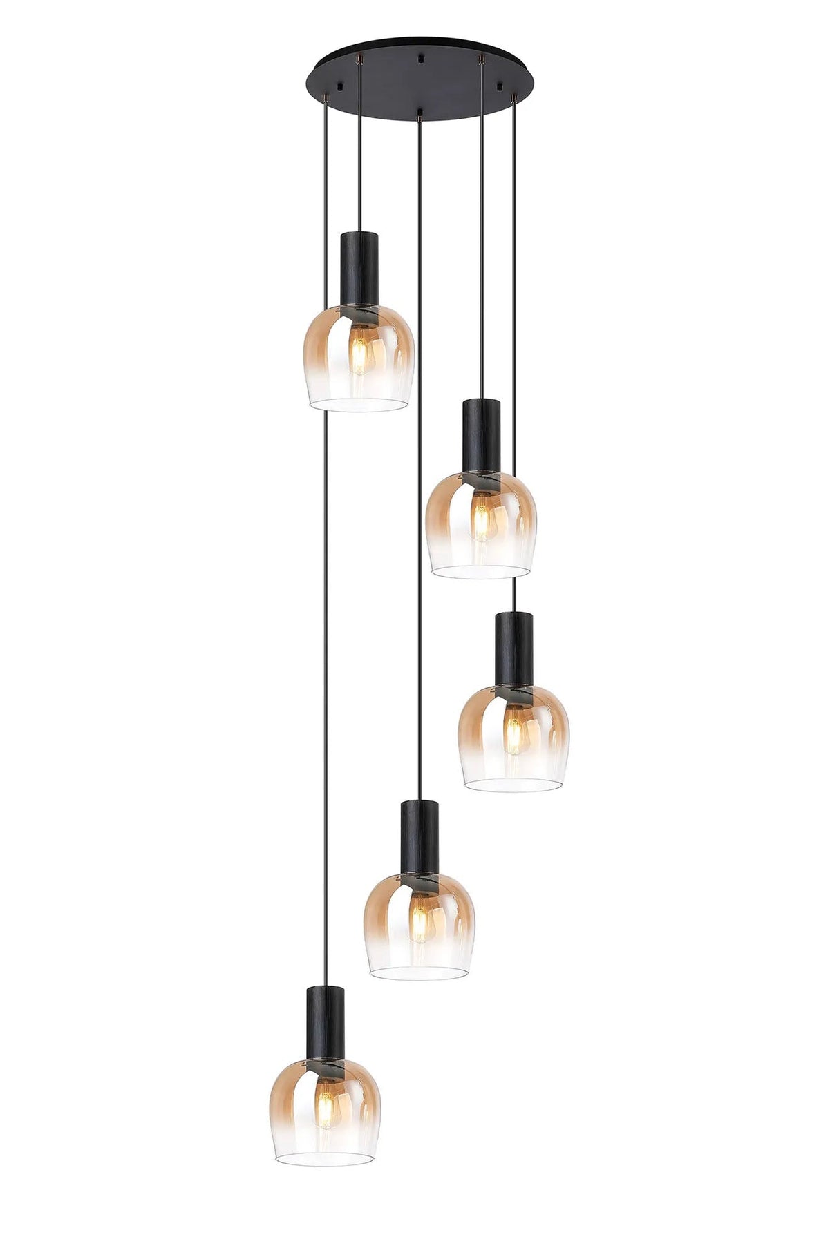 Withe 65.5cm Round Pendant, 5 x E27, Satin Black/Amber Fade Wine Glass