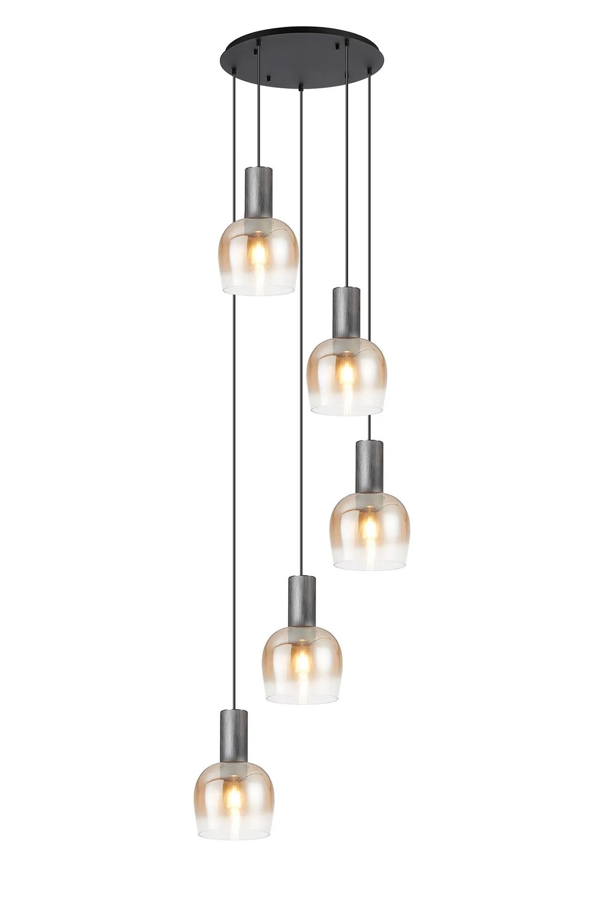 Withe 65.5cm Round Pendant, 5 x E27, Gun Metal/Satin Black/Amber Fade Wine Glass