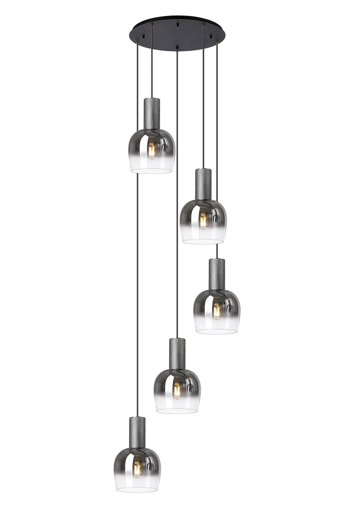 Withe 65.5cm Round Pendant, 5 x E27, Gun Metal/Satin Black/Smoke Fade Wine Glass