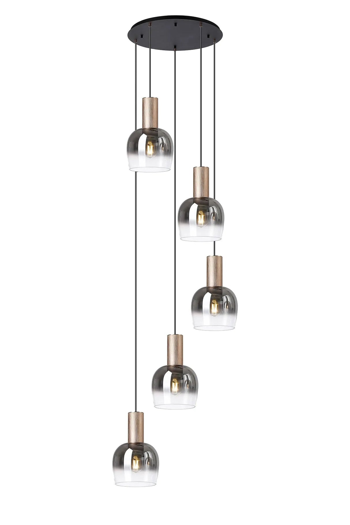 Withe 65.5cm Round Pendant, 5 x E27, Titanium Gold/Satin Black/Smoke Fade Wine Glass