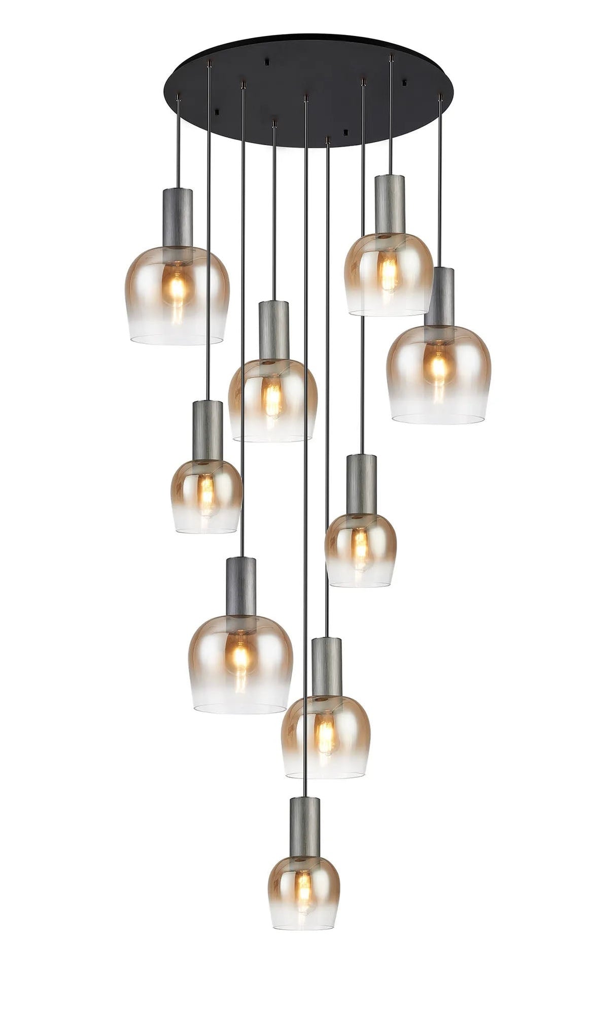 Withe 62.5cm Round Pendant, 9 x E27, Gun Metal/Satin Black/Amber Fade Wine Glass Item Weight: 18kg