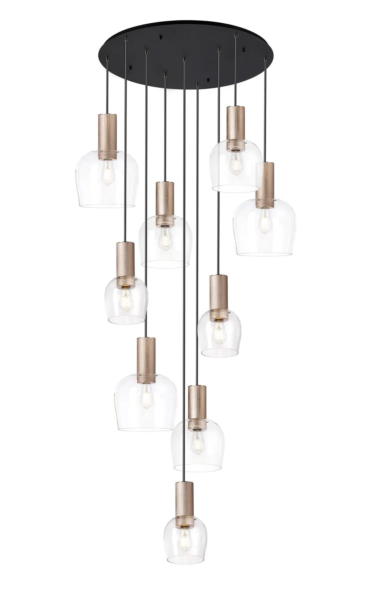 Withe 62.5cm Round Pendant, 9 x E27, Titanium Gold/Satin Black/Clear Wine Glass Item Weight: 18kg