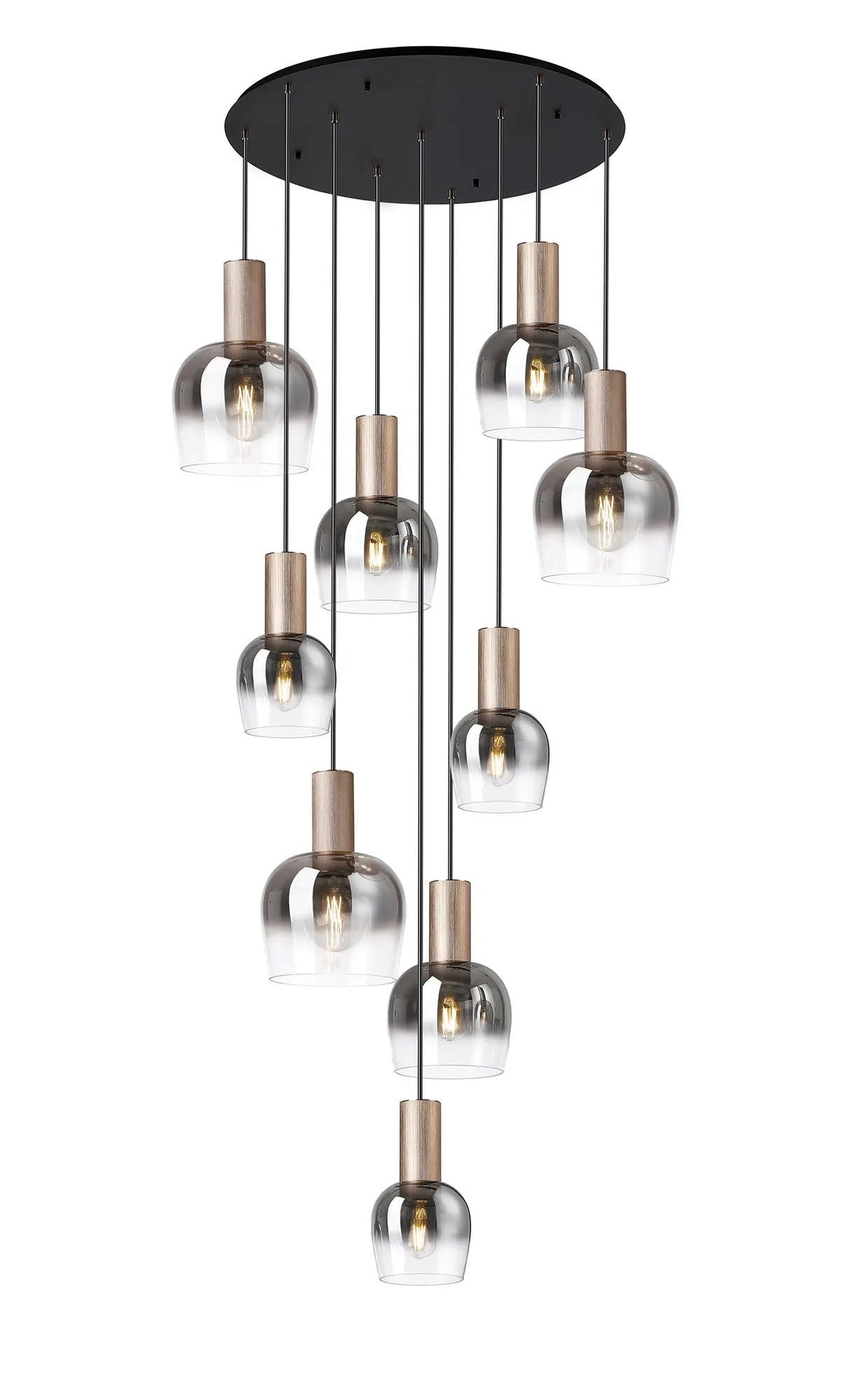 Withe 62.5cm Round Pendant, 9 x E27, Titanium Gold/Satin Black/Smoke Fade Wine Glass Item Weight: 18kg
