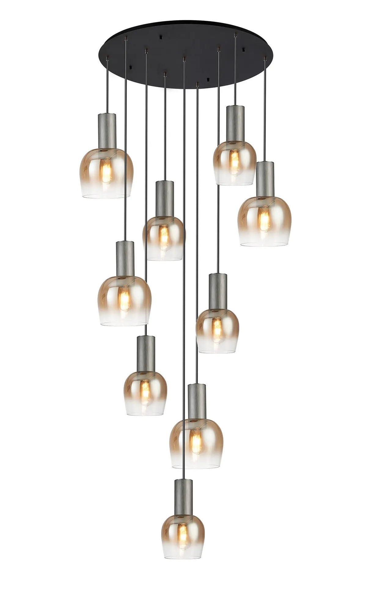 Withe 62.5cm Round Pendant, 9 x E27, Gun Metal/Satin Black/Amber Fade Wine Glass Item Weight: 16kg