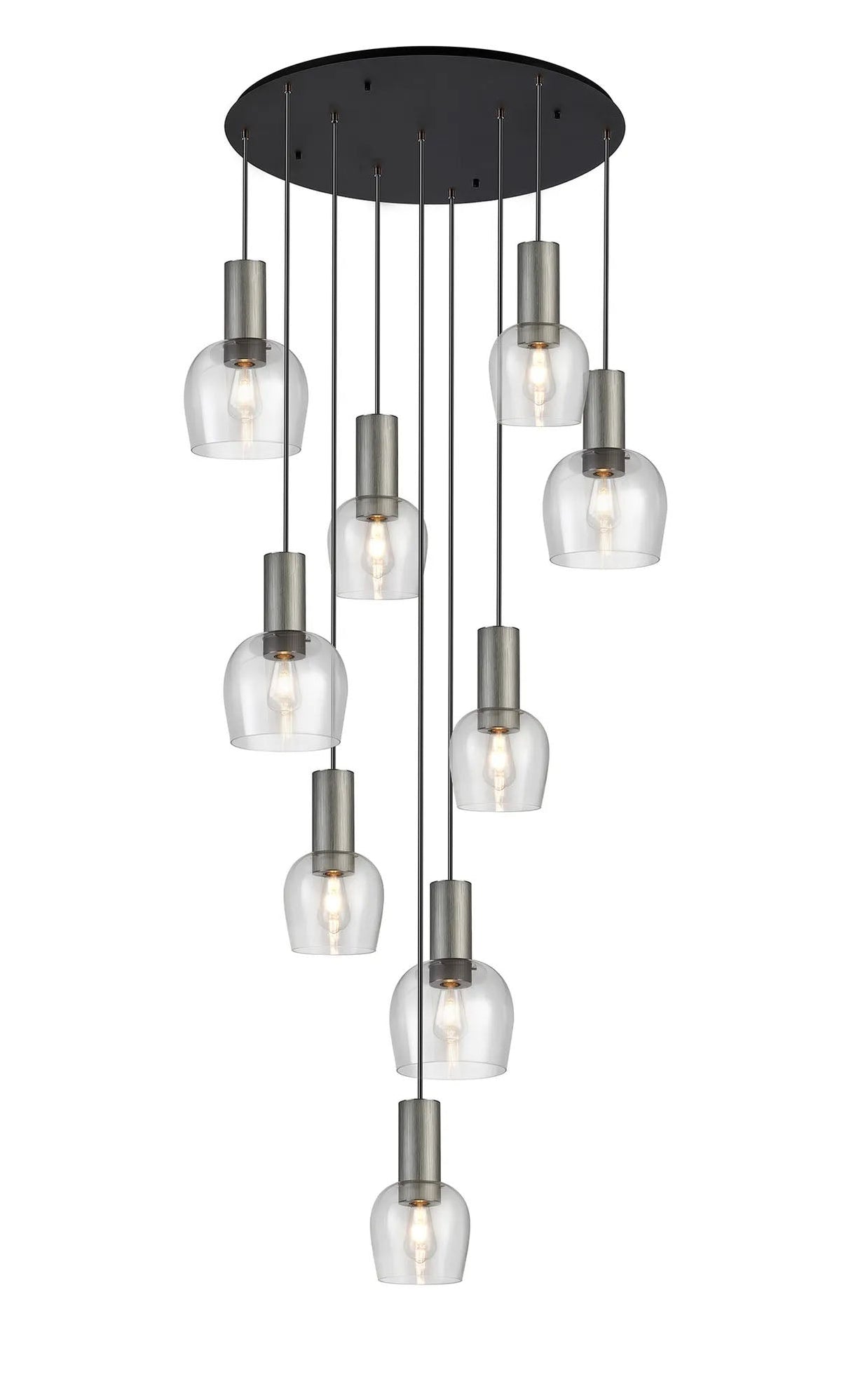 Withe 62.5cm Round Pendant, 9 x E27, Gun Metal/Satin Black/Clear Wine Glass Item Weight: 16kg