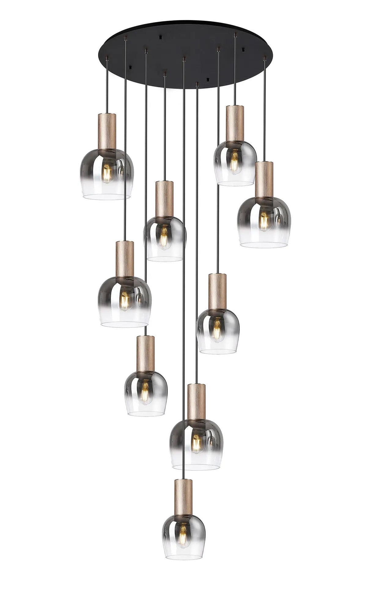 Withe 62.5cm Round Pendant, 9 x E27, Titanium Gold/Satin Black/Smoke Fade Wine Glass Item Weight: 16kg