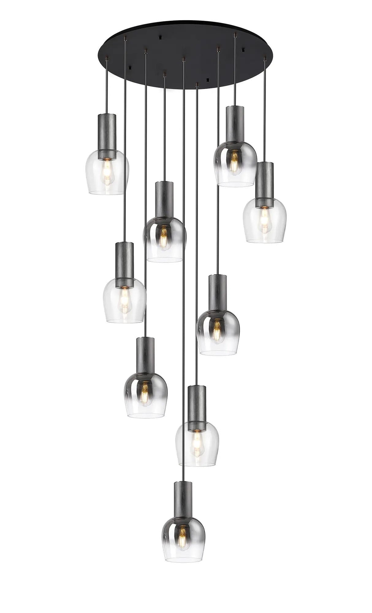 Withe 62.5cm Round Pendant, 9 x E27, Gun Metal/Satin Black/Clear/Smoke Fade Wine Glass Item Weight: 16kg