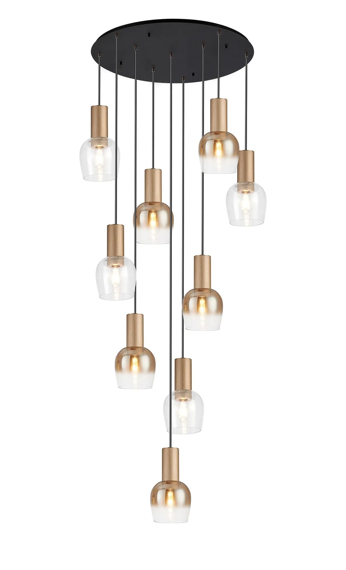 Withe 62.5cm Round Pendant, 9 x E27, Titanium Gold/Satin Black/Amber Fade/Clear Wine Glass Item Weight: 16kg