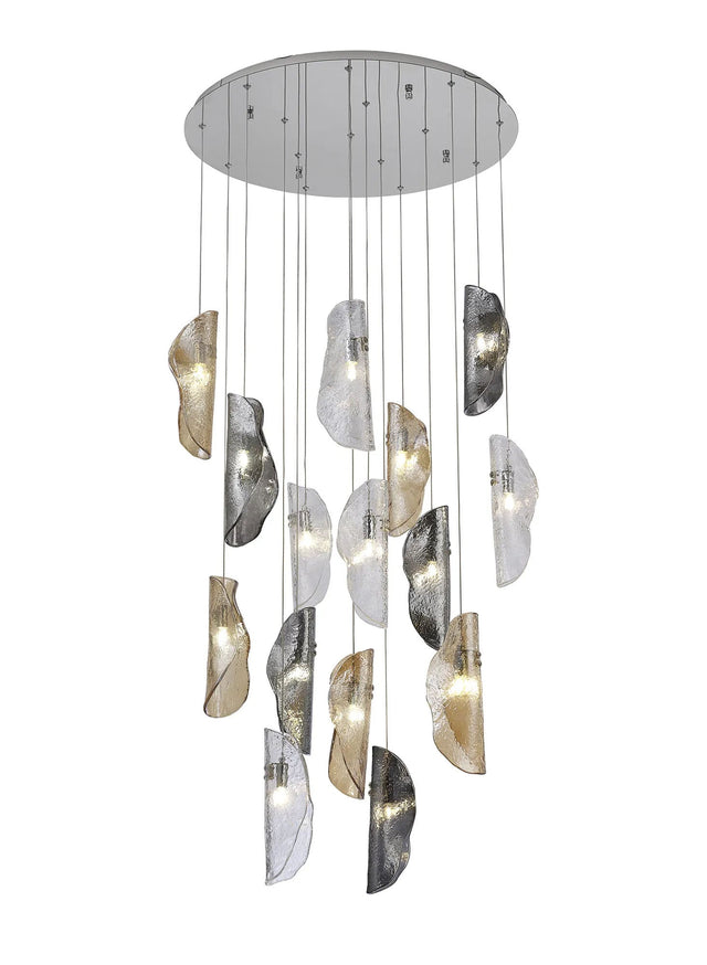 Young Pendant 3m, 15 x G9, Polished Chrome/Clear & Amber & Smoked Glass