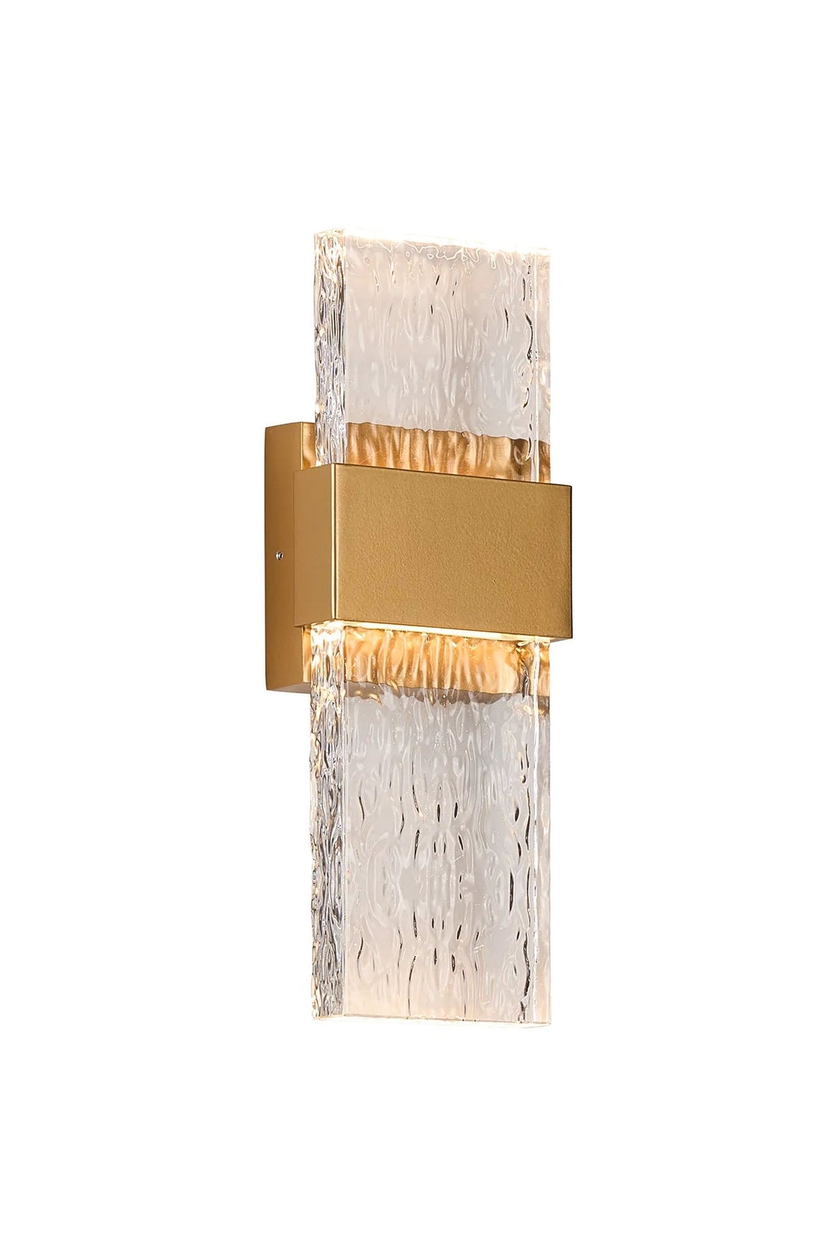 ZAKA Up/Down Wall Lamp, 2 x 5W LED, 3000K, 750lm, IP65, Satin Gold/Clear Seiche Waves Glass (A), 3yrs Warranty