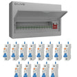 Live Electrical 18-way metal consumer unit with lid open showing fitted SPD and main switch, displayed alongside thirteen individual RCBO circuit breakers